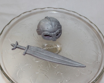 Fondant Viking Helmet and Sword Cake Topper, Hand-Sculpted Viking, Medieval Birthday, Norse, Archeology