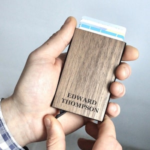 Personalized Credit Card Holder Wallet with RFID, Personalized Wood Metal Card Holder for Men, Anniversary Gift for Him