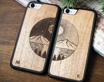 Mountain - Personalized Couple Phone Cases, Wood iPhone MagSafe Case 15 Pro Max, 15 Plus, 14 Pro Max, 13 Pro Max, 13 Mini, 12 Pro Max