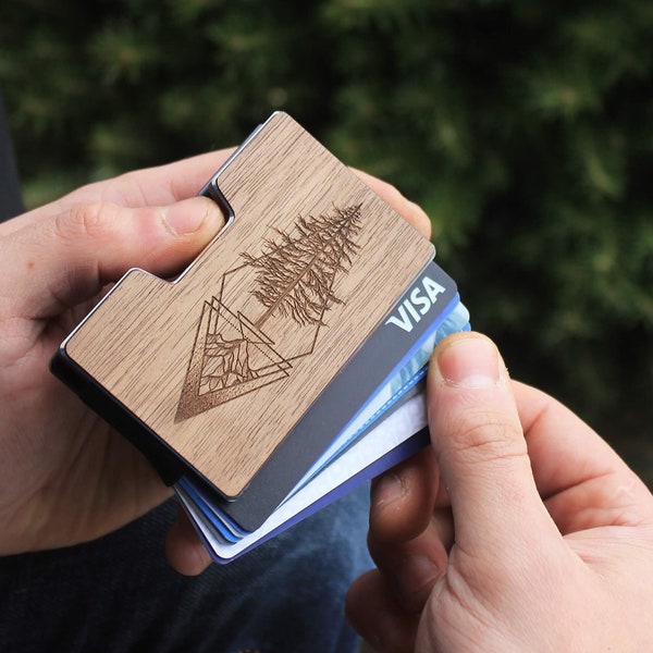 Picea - Wooden Credit Card Holder Wallet with Money Clip and RFID, Personalized Metal Card Holder for Men