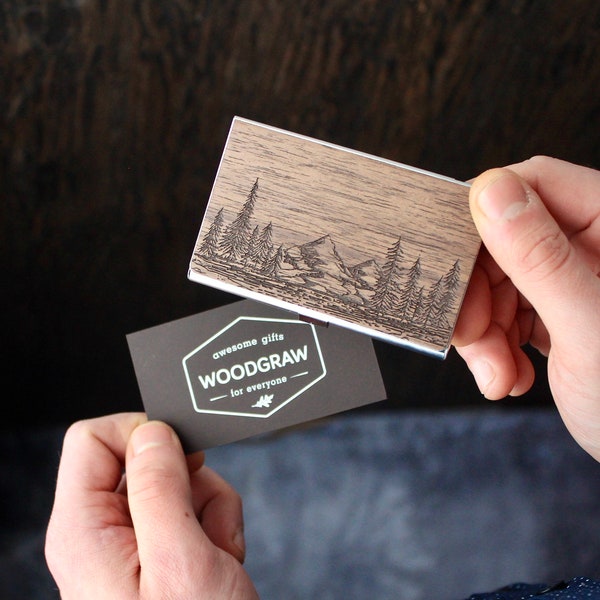 Nature - Wooden Business Card Holder Case, Personalized Engraved Card Holder for Men, Boss Gift for Him, Husband Gift