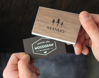 Custom Business Card Holder Case, Personalized Wooden Card Holder for Men with Name, Monogram, Company Logo