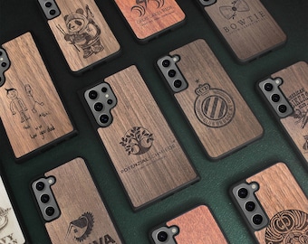 Custodia in legno con logo inciso personalizzato per Galaxy S26 Ultra, S25 FE, S24 (tutti i modelli)
