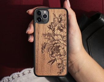 Wooden MagSafe iPhone Case 17 Air, 16 Pro Max, 15 (all models) - Peony Flowers