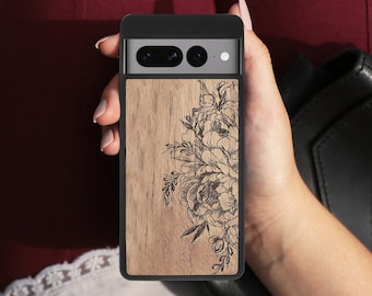 Real Wood Pixel Phone Case 10 Pro XL, 10A, 9, 8, 7, 6 (alle Modelle) - Pfingstrosen Blumen