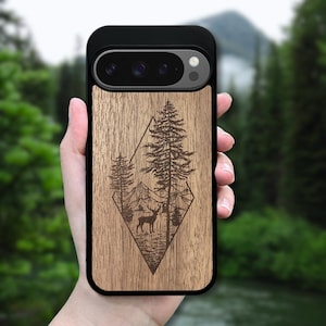 Real Wood Pixel Phone Case for 10 Pro XL, 9 Pro, 9A, 8 Pro, 8A, 7, 6A, 6, 5A 5G (all models) – Deer Woodland
