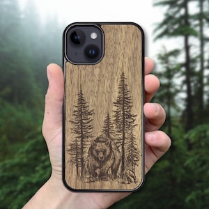 Bear Woodland - Wooden iPhone MagSafe Case 15 Pro Max, 15 Plus, 14 Pro Max, 13 Pro Max, 13 Mini, 12 Pro Max, 11 Pro