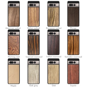 May include: A collection of twelve phone cases with various wood grain finishes. The cases feature a black frame and a camera cutout. The wood types include American walnut, Italian walnut, European walnut, and others.