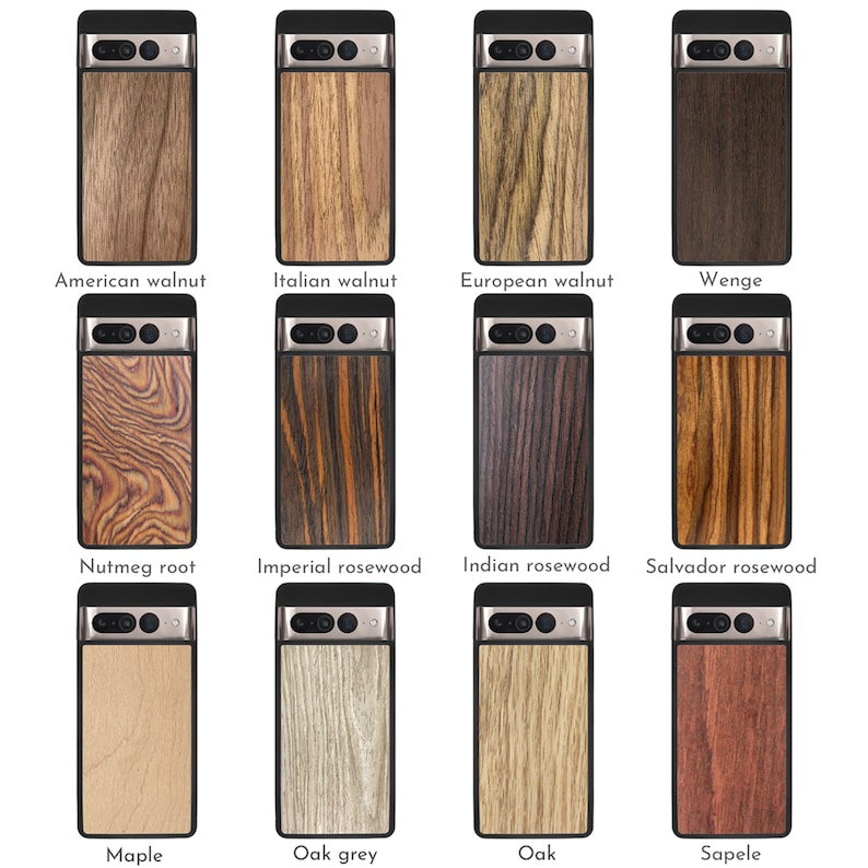 May include: A collection of twelve phone cases with various wood grain finishes. The cases feature a black frame and a camera cutout. The wood types include American walnut, Italian walnut, European walnut, and others.