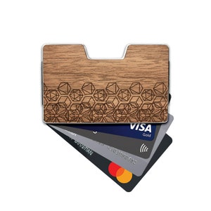 Cartera con tarjetero de madera con diseño geométrico, clip para billetes y RFID, tarjetero de metal personalizado para hombre
