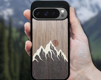 Echtholz Pixel Handyhülle für 10 Pro XL, 9 Pro, 9A, 8 Pro, 8A, 7, 6A, 6, 5A 5G (alle Modelle) - Mountain
