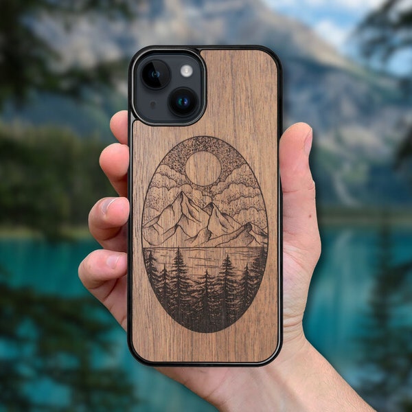 Mountain Landscape - Wooden iPhone MagSafe Case 15 Pro Max, 15 Plus, 14 Pro Max, 13 Pro Max, 13 Mini, 12 Pro Max, 11 Pro