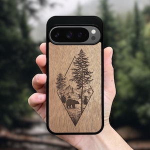 Real Wood Pixel Phone Case for 10 Pro XL, 9 Pro, 9A, 8 Pro, 8A, 7, 6A, 6, 5A 5G (all models) – Bear Woodland