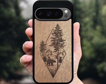 Real Wood Pixel Phone Case für 10 Pro XL, 9 Pro, 9A, 8 Pro, 8A, 7, 6A, 6, 5A 5G (alle Modelle) - Bear Woodland