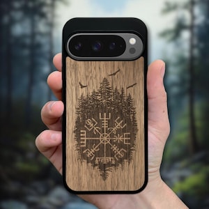 Viking Compass Vegvisir - Wooden Pixel 9A, Pixel 9 Pro XL Case, Pixel 8A, Pixel 8 Pro, Pixel 7 Pro, Pixel 6A, Pixel 6, Pixel 5A 5G, Pixel 5