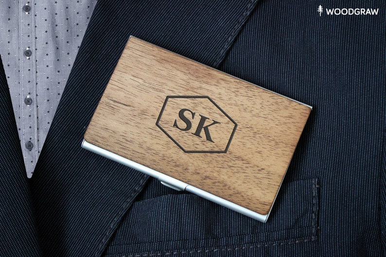 Free Shipping Boyfriend Personalized Wooden Business Card Holder Monogram Gift for Men Dad Custom Design Groomsmen Gift for Him