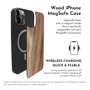 May include: A black iPhone case with a wood grain panel, showcasing a MagSafe design. The case is shown with a separate wood panel, and the text highlights wireless charging capabilities and compatibility with MagSafe accessories.