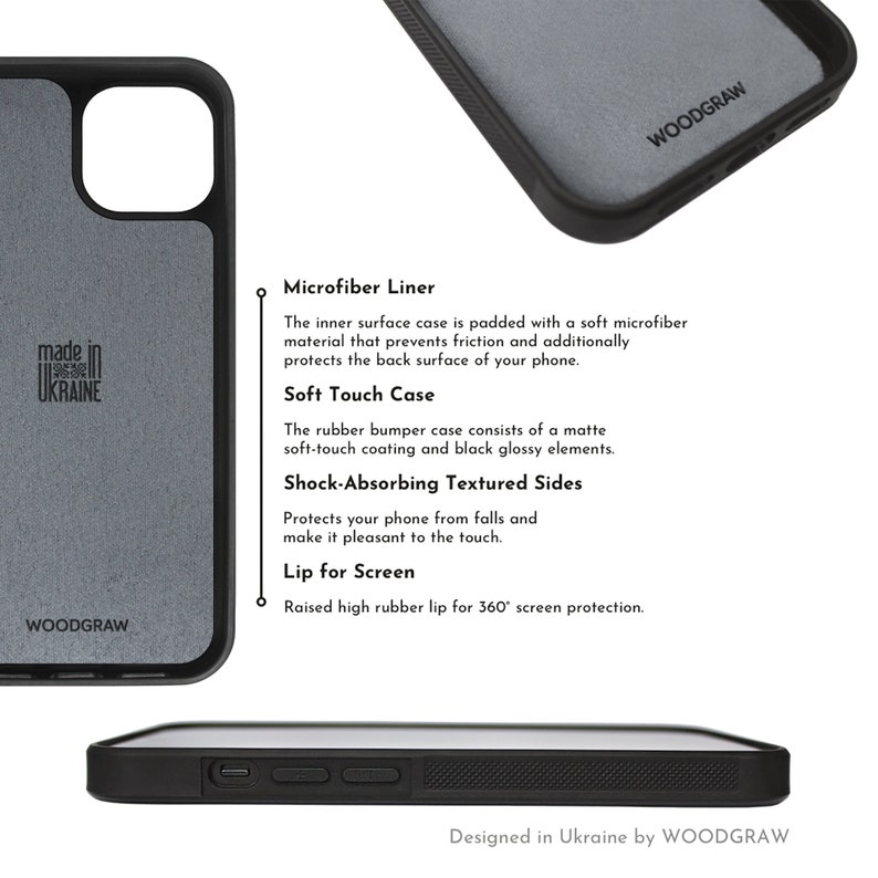 May include: Black phone case with a microfiber liner, soft-touch coating, and shock-absorbing textured sides. Features a raised lip for screen protection. The case is designed in Ukraine by WOODGRAW.