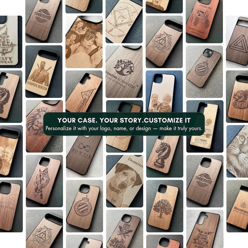 May include: A collection of wooden phone cases with various engraved designs, including portraits, logos, and symbols. The cases are in different shades of brown, with black borders. Text on the cases includes "TIMBERWISE", "BOWTIE", and "YOUR CASE. YOUR STORY. CUSTOMIZE IT".