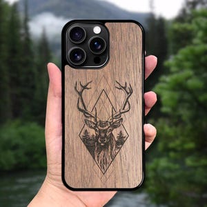 Coque MagSafe pour iPhone en bois 16E, 16 Pro Max, 15 Plus, 15 Pro, 14 Pro, 13 Mini, 13 Pro, 12, 11, SE, XR, XS - Cerf