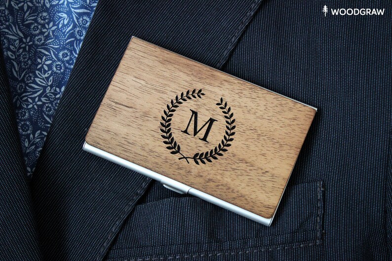 Free Shipping Boyfriend Personalized Wooden Business Card Holder Monogram Gift for Men Dad Custom Design Groomsmen Gift for Him
