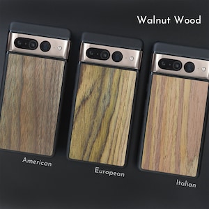 May include: Three phone cases with walnut wood backs are displayed. The cases have black frames and metallic camera housings. The wood grain patterns are labeled "American", "European", and "Italian". The text "Walnut Wood" is at the top.