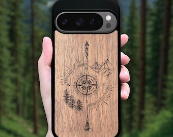 Echtholz Pixel Handyhülle für 10 Pro XL, 9, 9A, 8, 8A, 7, 6A, 6, 5A 5G (alle Modelle) - Kompass Berg