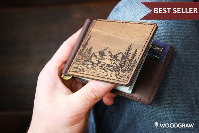 Nature Wood Money Clip Leather Wallet Custom Image 0