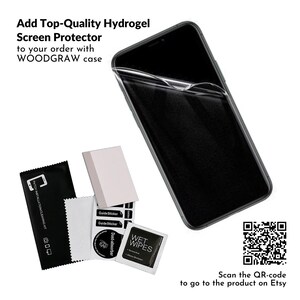 May include: A black smartphone with a hydrogel screen protector applied, alongside a cleaning kit, guide stickers, and a wet wipe. Text reads "Add Top-Quality Hydrogel Screen Protector to your order with WOODGRAW case."