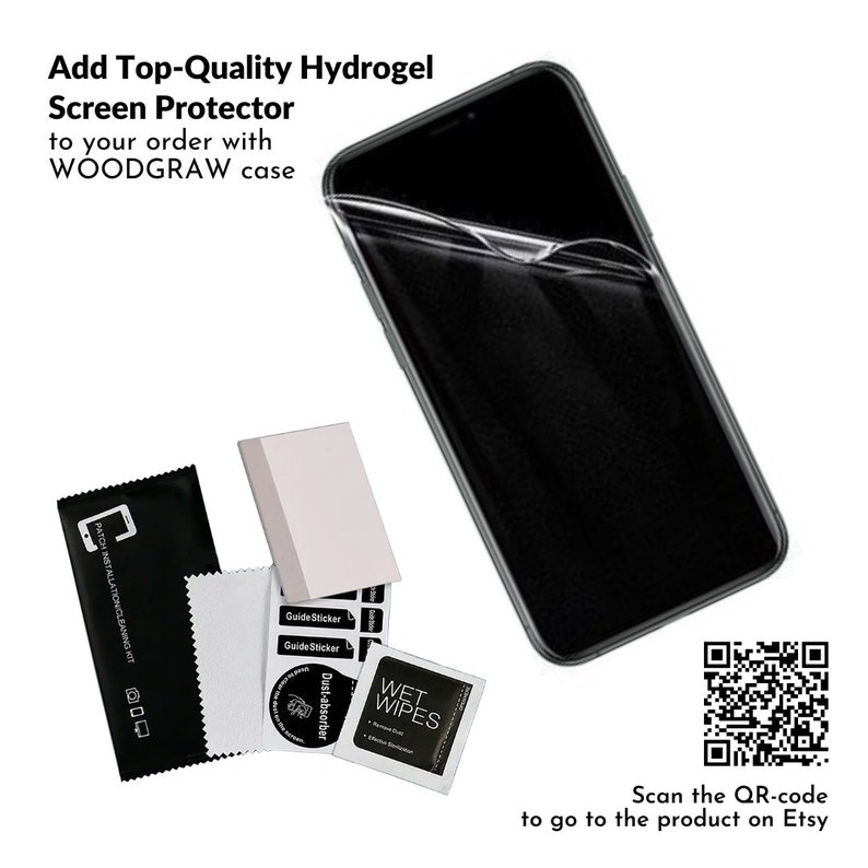May include: A black smartphone with a hydrogel screen protector applied, alongside a cleaning kit, guide stickers, and a wet wipe. Text reads "Add Top-Quality Hydrogel Screen Protector to your order with WOODGRAW case."