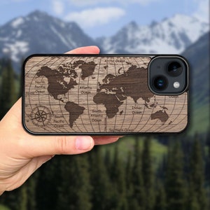 World Map - Wooden iPhone MagSafe Case 15 Pro Max, 15 Plus, 14 Pro Max, 13 Pro Max, 13 Mini, 12 Pro Max, 11 Pro, SE, XR, XS Max