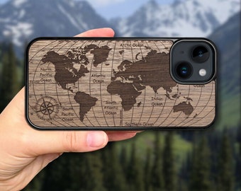 World Map - Wooden iPhone MagSafe Case 15 Pro Max, 15 Plus, 14 Pro Max, 13 Pro Max, 13 Mini, 12 Pro Max, 11 Pro, SE, XR, XS Max