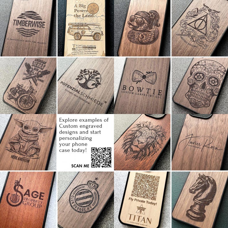 May include: A collection of wooden phone cases with various engraved designs. The designs include a logo, a car, a duck, a lightning bolt, a motorcycle, a tree, a bow tie, a skull, a baby Yoda, a lion, a signature, a logo, a crest, and a QR code.