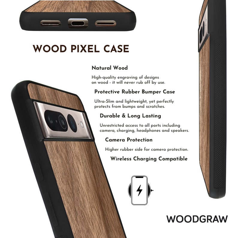 May include: A wooden phone case with a black bumper. The case has a natural wood grain pattern and is designed for a Pixel phone. The image also shows the text "WOOD PIXEL CASE" and other product features.
