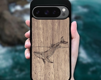 Real Wood Pixel Phone Case 11 Pro XL, 10A, 9, 8, 7 (all models) - Whale Sea