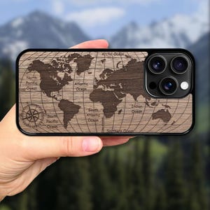 Coque en bois MagSafe pour iPhone 16E, 16 Pro Max, 15 Plus, 15 Pro, 14 Pro, 13 Mini, 13 Pro, 12, 11, SE, XR, XS - Carte du monde