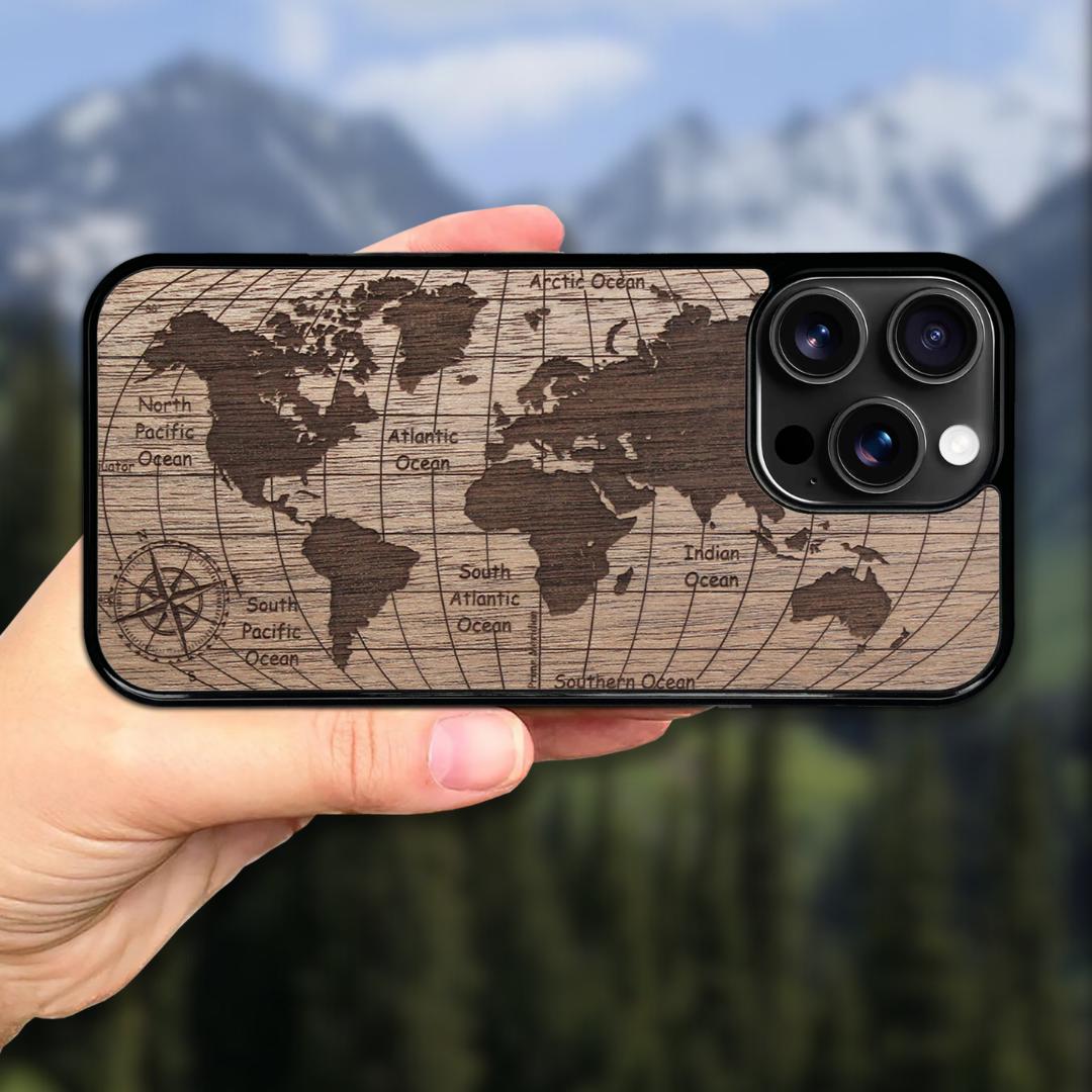 Wooden MagSafe iPhone Case 17 Air, 16 Pro Max, 15 (all models) - World Map