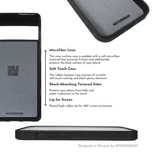 May include: Black phone case with a soft-touch coating and shock-absorbing textured sides. Features a microfiber liner and a raised lip for screen protection. The case is designed in Ukraine by WOODGRAW.