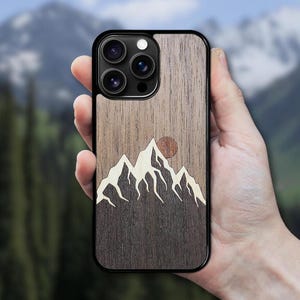 Wooden iPhone MagSafe Case 16E, 16 Pro Max, 15 Plus, 15 Pro, 14 Pro, 13 Mini, 13 Pro, 12, 11, SE, XR, XS - Mountain