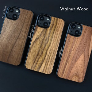May include: Three phone cases with a walnut wood design. The cases have a black border and a natural wood grain pattern. The text "Walnut Wood" is displayed at the top of the image. The cases are labeled "American", "European", and "Italiain".