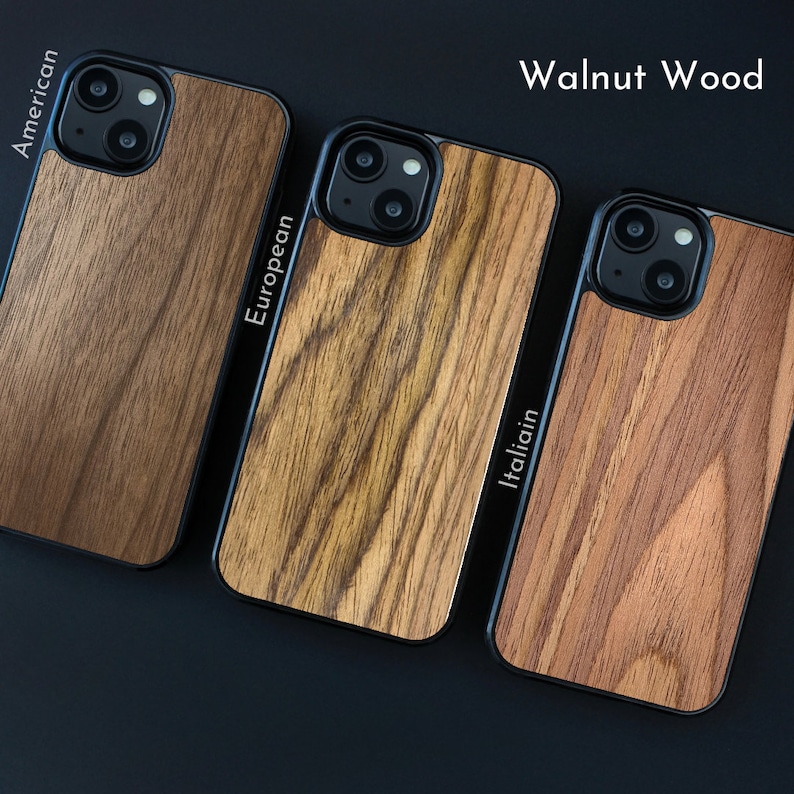 May include: Three phone cases with a walnut wood design. The cases have a black border and a natural wood grain pattern. The text "Walnut Wood" is displayed at the top of the image. The cases are labeled "American", "European", and "Italiain".