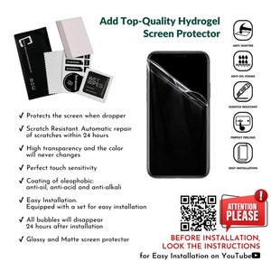 May include: An image showcasing a hydrogel screen protector for a smartphone. The image includes the screen protector, cleaning supplies, and icons highlighting features like scratch resistance and easy installation. Text on the image reads "Add Top-Quality Hydrogel Screen Protector."