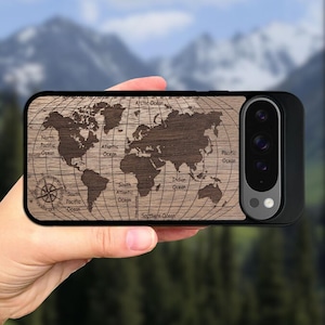 Wereldkaart: houten Pixel 9A, Pixel 9 Pro XL-hoes, Pixel 8A, Pixel 8 Pro, Pixel 7 Pro, Pixel 6A, Pixel 6, Pixel 5A 5G, Pixel 5