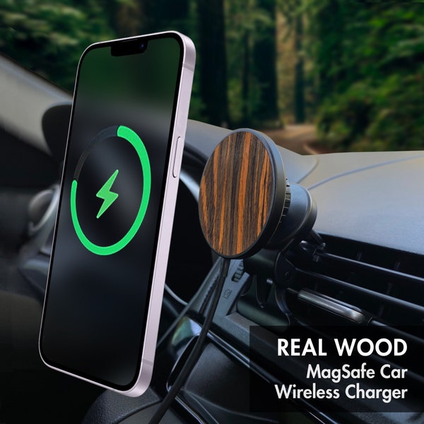 Wood MagSafe Wireless Car Charger, 15 Watt Fast Wireless Magnetic Charging Pad USB-C Circle Wireless Qi Charger