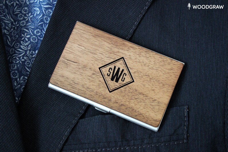 Free Shipping Boyfriend Personalized Wooden Business Card Holder Monogram Gift for Men Dad Custom Design Groomsmen Gift for Him