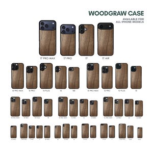 May include: A collection of wooden phone cases, each featuring a dark wood grain design. The cases are available for various iPhone models, as indicated by the text. The cases have a black border around the camera and screen.
