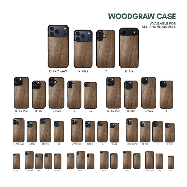 May include: A collection of wooden phone cases, each featuring a dark wood grain design. The cases are available for various iPhone models, as indicated by the text. The cases have a black border around the camera and screen.