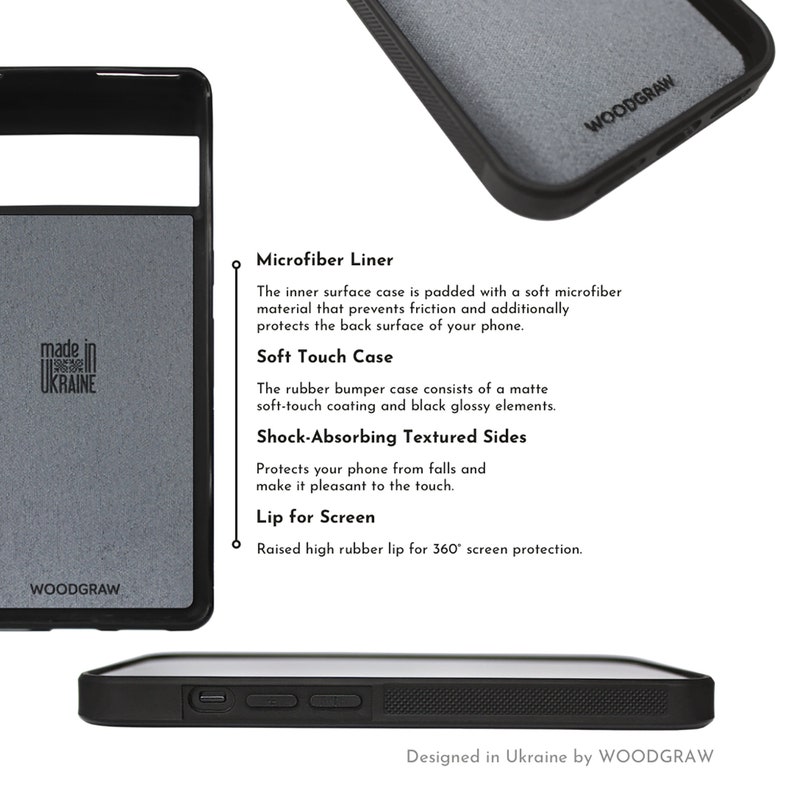 May include: Black phone case with a soft-touch coating and shock-absorbing textured sides. Features a microfiber liner and a raised lip for screen protection. The case is designed in Ukraine by WOODGRAW.