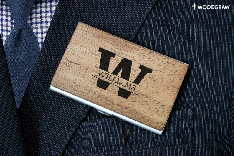 Free Shipping Boyfriend Personalized Wooden Business Card Holder Monogram Gift for Men Dad Custom Design Groomsmen Gift for Him