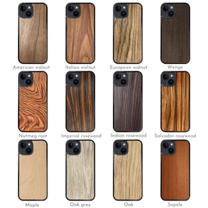 May include: A collection of wooden phone cases with various wood grain patterns and colors. The cases include American walnut, Italian walnut, European walnut, Wenge, Nutmeg root, Imperial rosewood, Indian rosewood, Salvador rosewood, Maple, Oak grey, Oak, and Sapele.